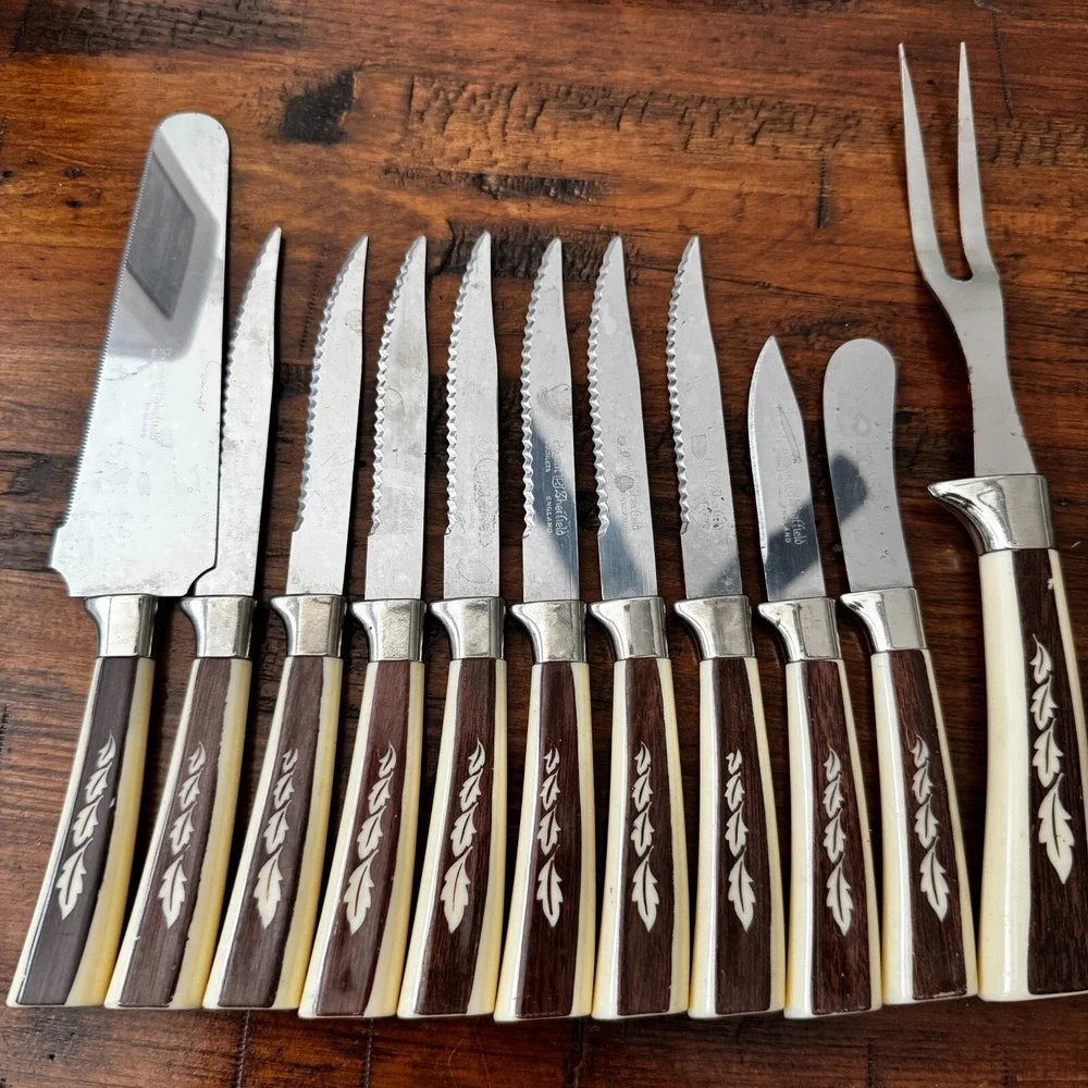 MCM Vintage 10 Regent Sheffield Kitchen Knives & One fork‎ Ivory Brown Leaf